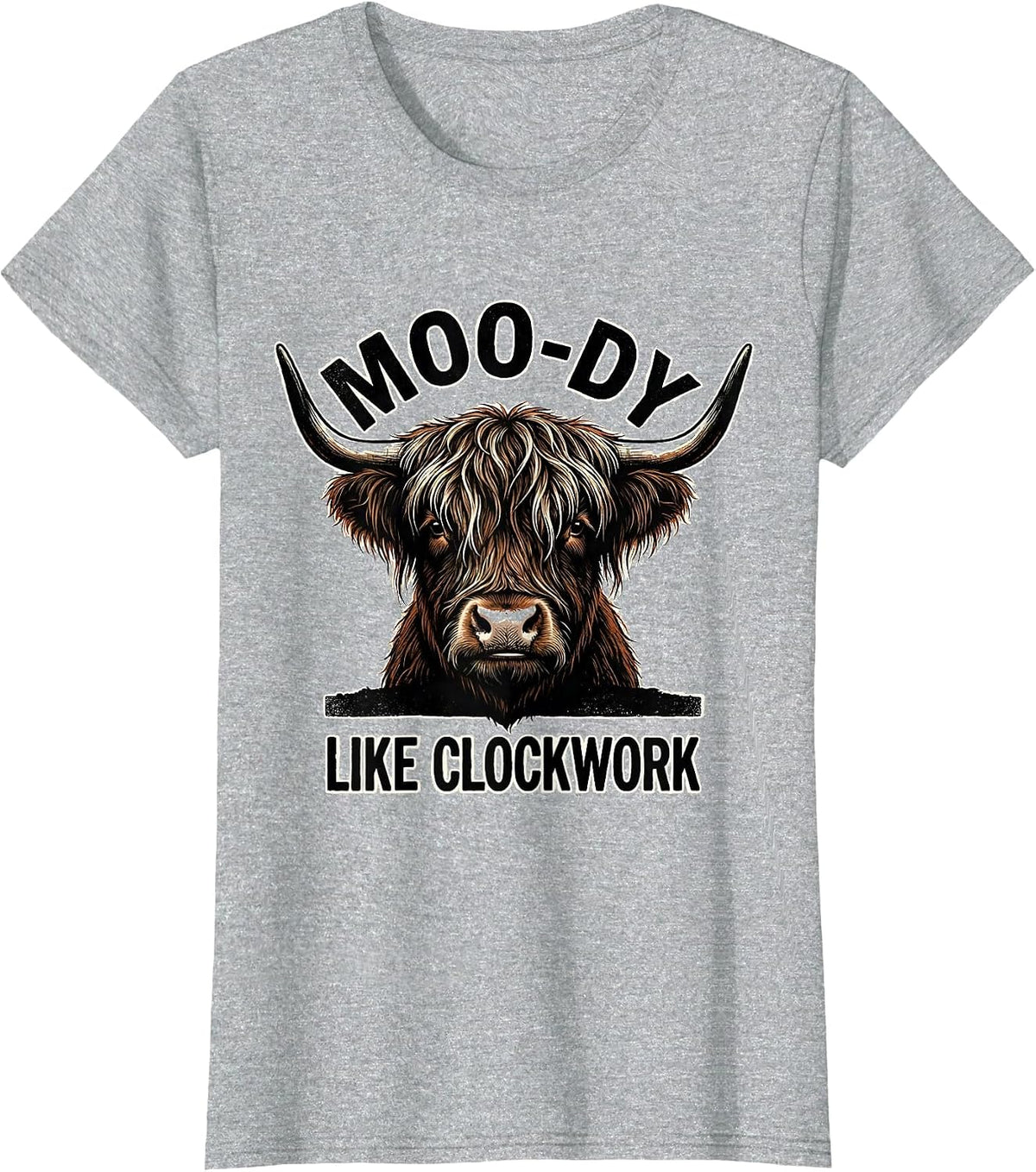 Moo-Dy, Like Clockwork Rubber Stamp Highland Cow Farm Humor T-Shirt - Heather Grey