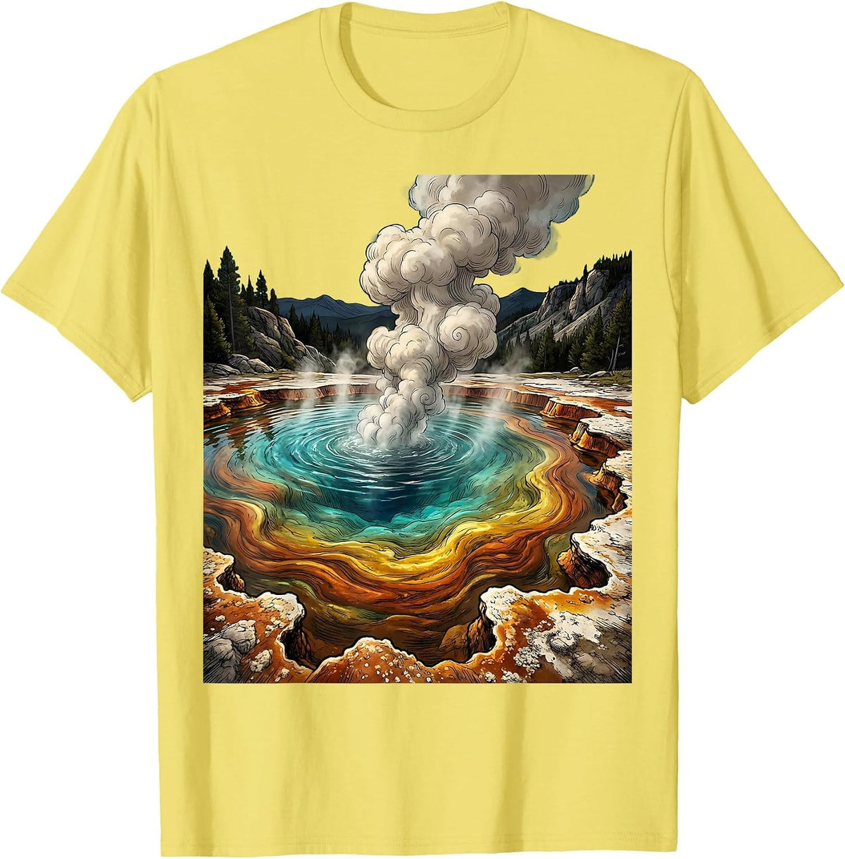 Men's National Park Hot Spring Mineral Pool Illustration T-Shirt - Lemon Yellow