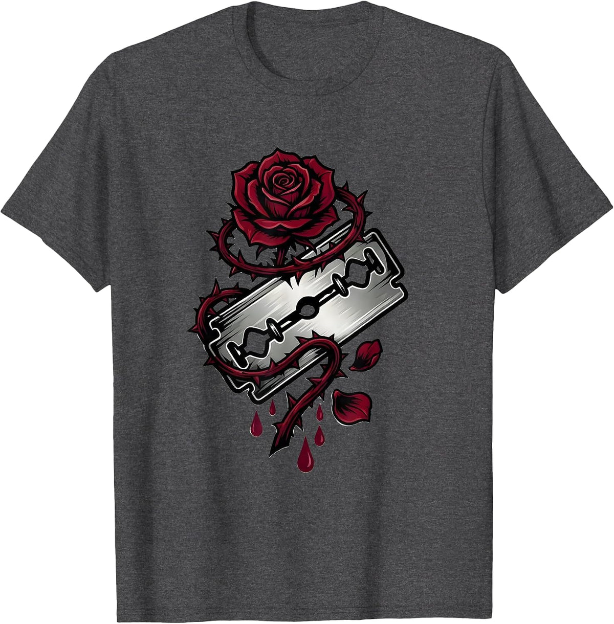 Razorblade Rose Punk Gothic Thorn Graphic Tee T-Shirt - Dark Heather Grey