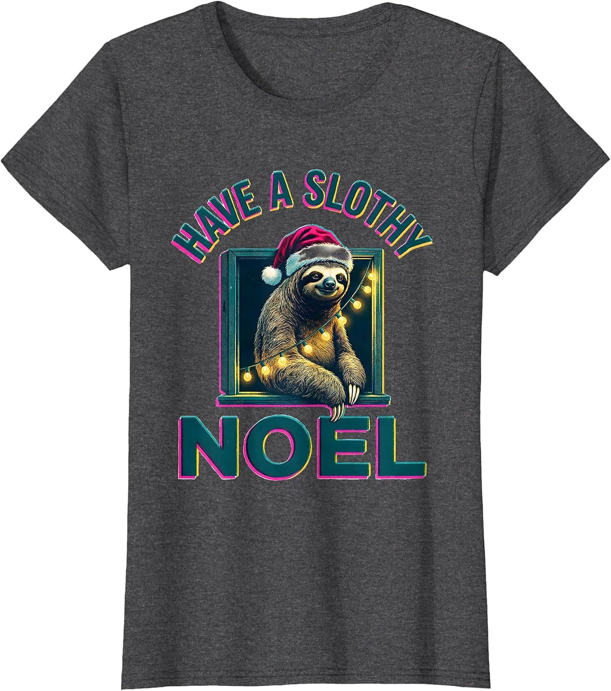 Women's Have a Slothy Noel Funny Sloth Christmas Lights Santa Hat T-Shirt - Dark Heather Grey