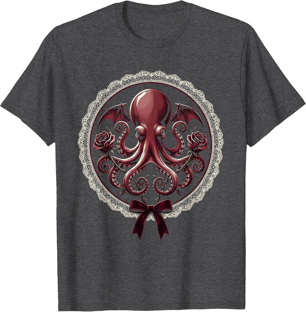 Men's Octopus Floral Tentacle Curl Art Design T-Shirt - Dark Heather Grey