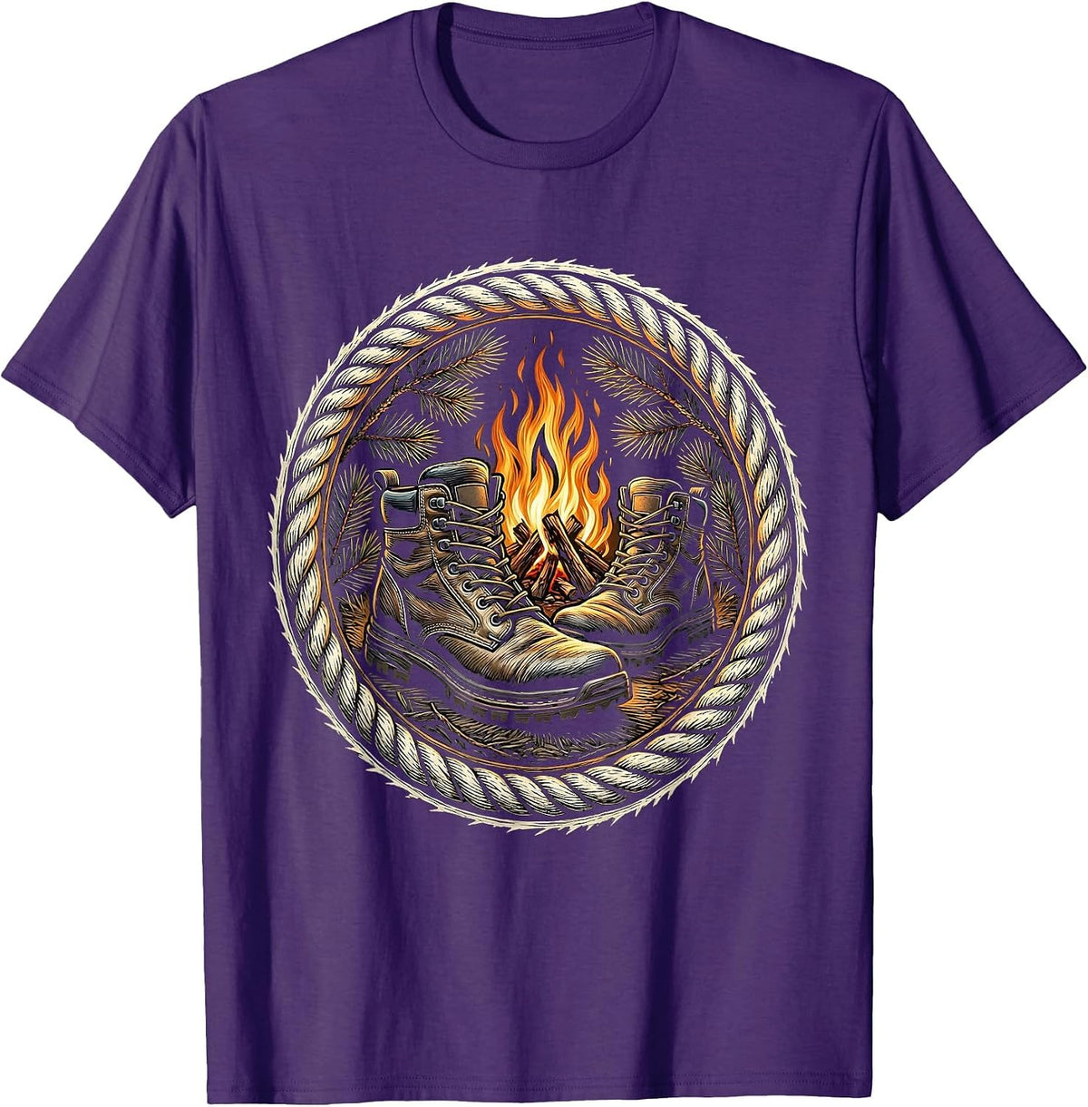 Men's Hunting Boots Campfire Illustration Hunting Design T-Shirt - Purple