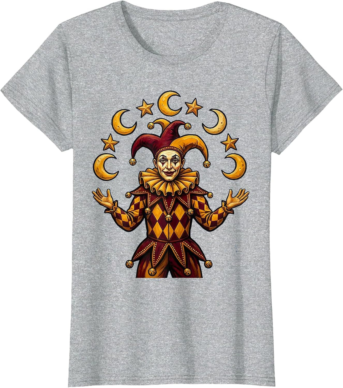 Mardi Gras Jester Juggling Moons and Stars T-Shirt - Heather Grey