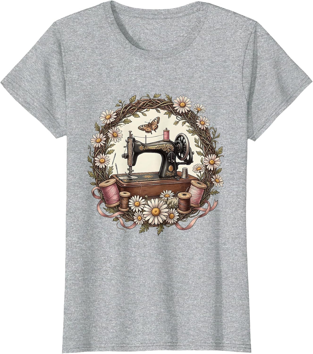 Vintage Sewing Machine Grandma Graphic Tee T-Shirt - Heather Grey