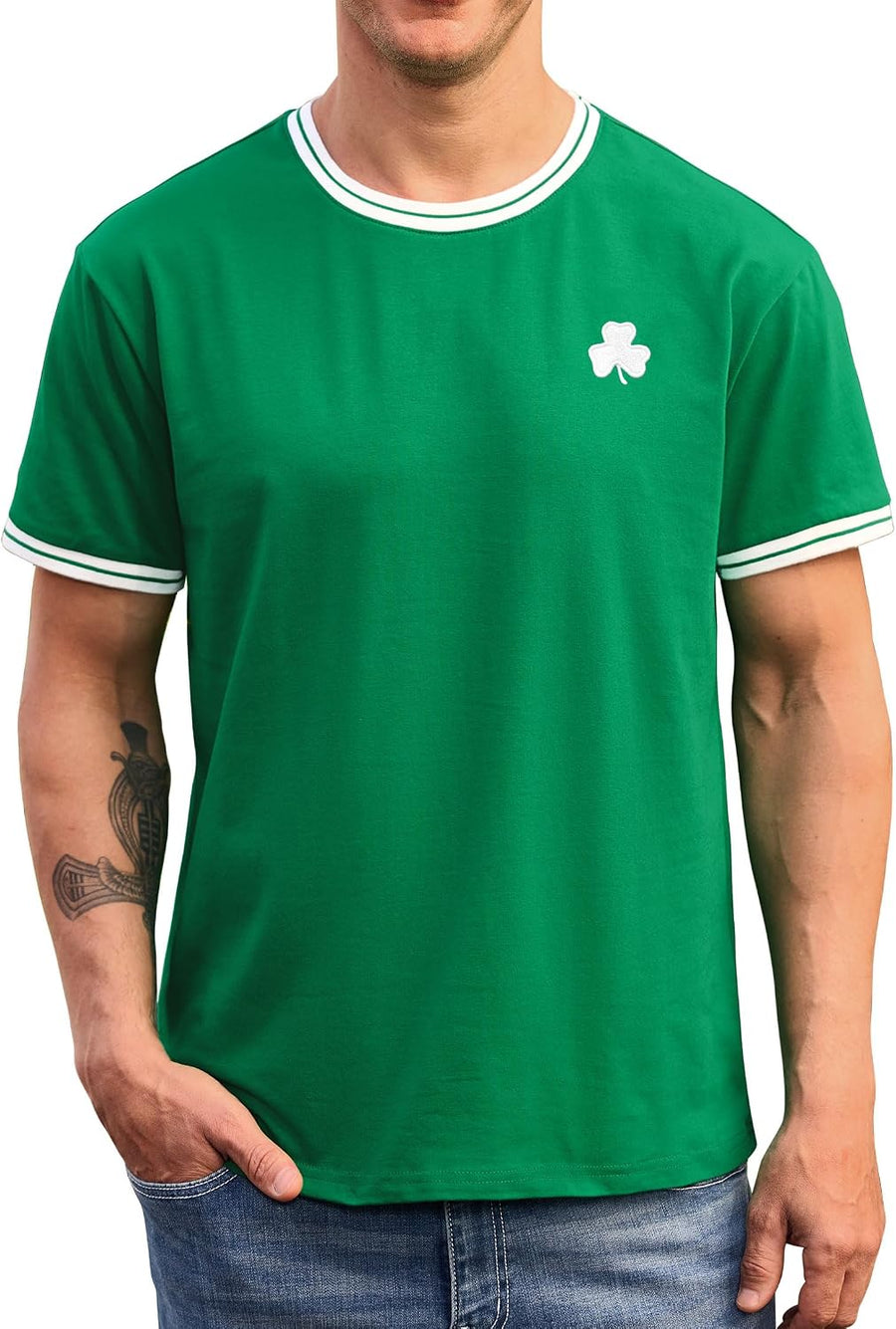 Arvilhill Men‘s St Patrick’s Day Tshirt Embroidered Ringer Crew Neck Irish Clover Shirt (S-3XL) - Green - Clover