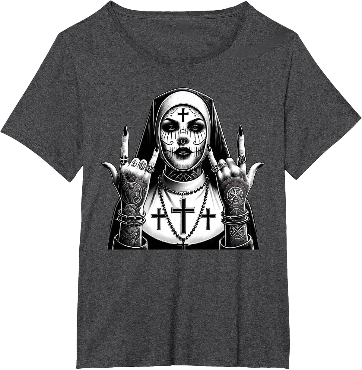 Gothic Aesthetic Occult Unholy Grunge Emo Punk Satanic Nun T-Shirt - Dark Heather Grey