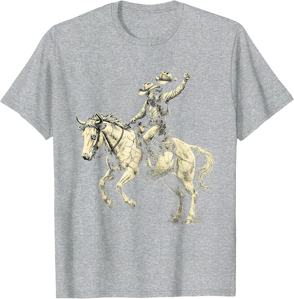 Men's Cowgirl Riding Bucking Bronco Rodeo Illustration T-Shirt - Heather Grey