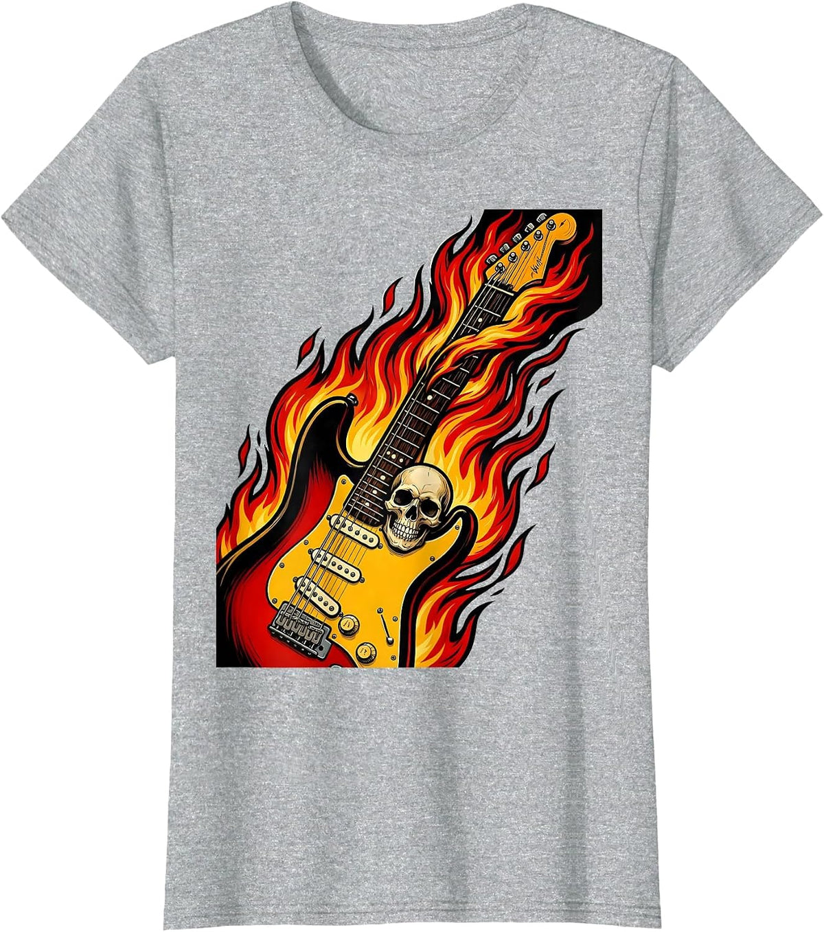 Flaming Electric Guitar Rock Band Graphic T-Shirt - Heather Grey