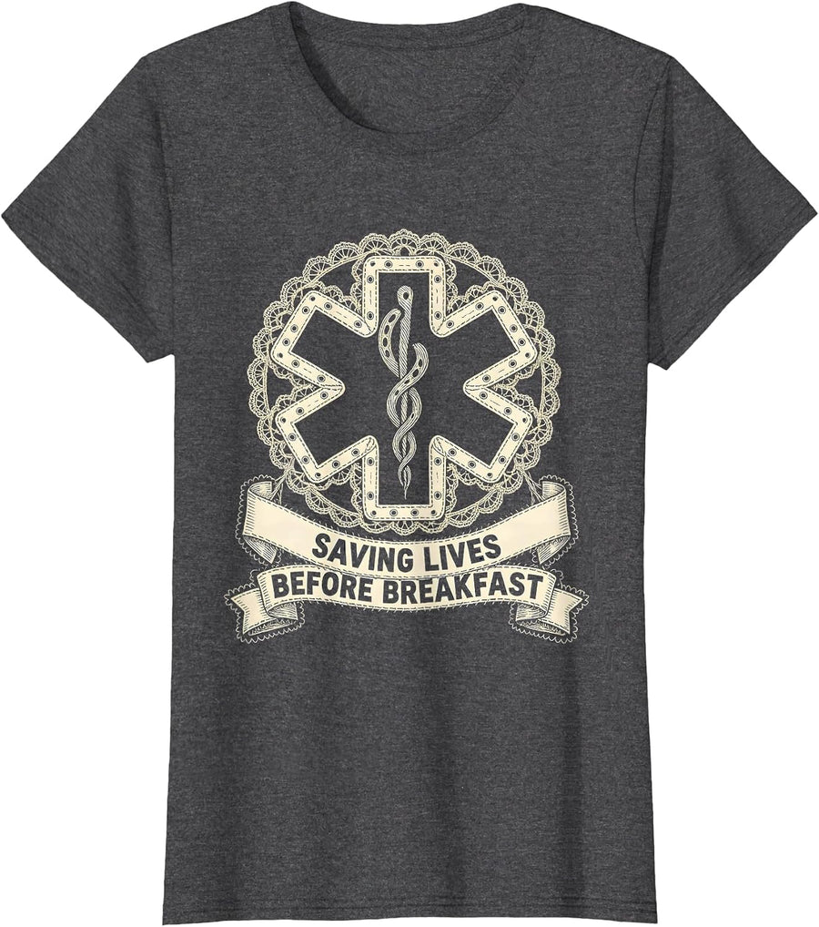 Women's Saving Lives Before Breakfast EMT Design T-Shirt - Dark Heather Grey