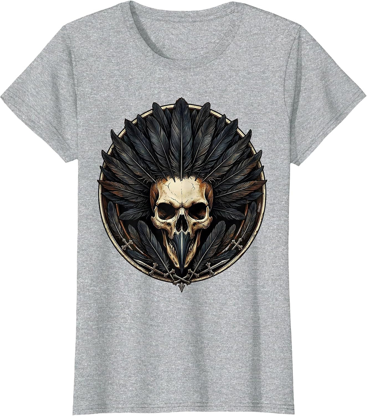 Women's Crow Skull Feather Crown Gothic Art Design T-Shirt - Heather Grey