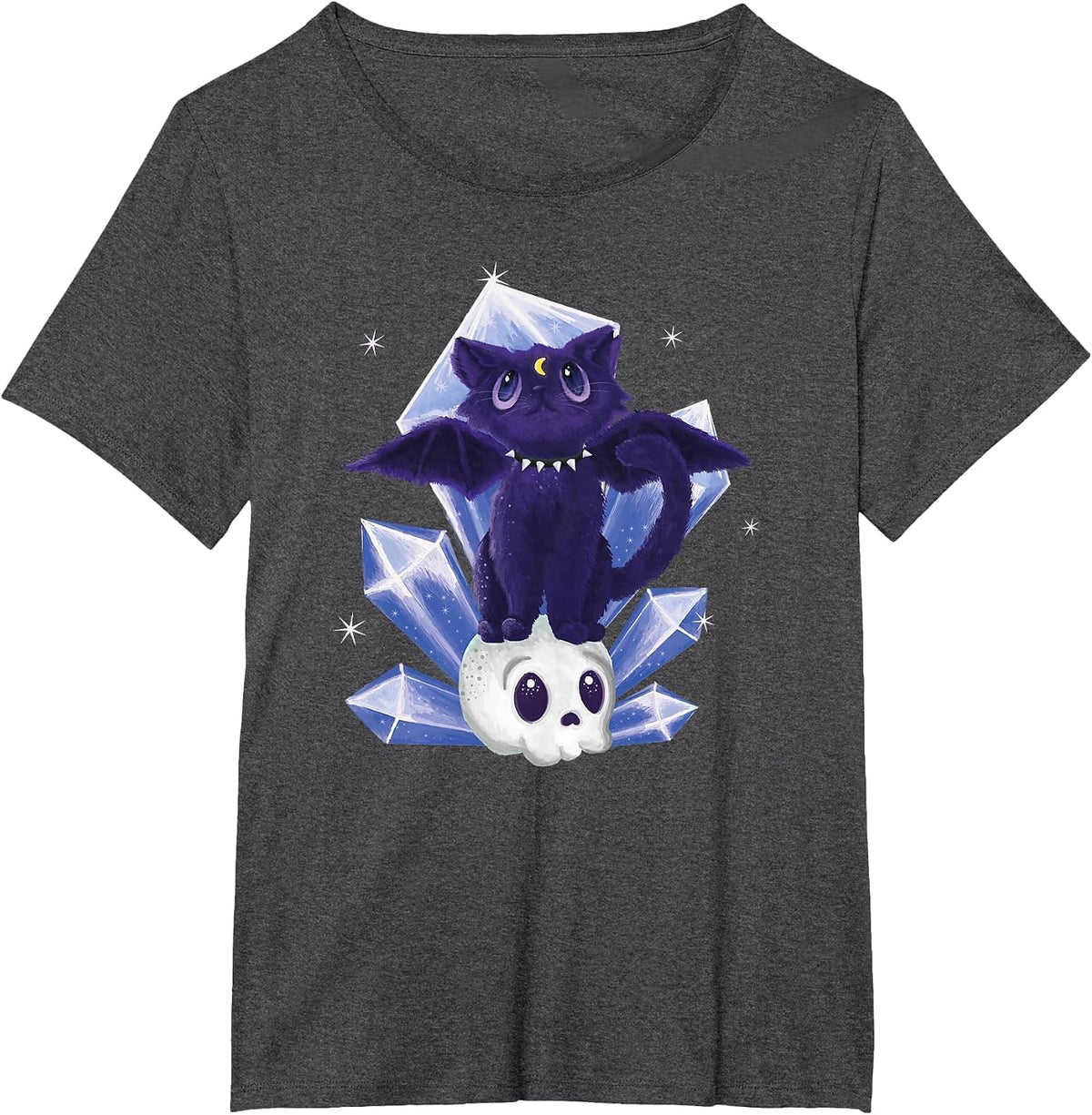 Kawaii Pastel Goth Cute Creepy Witchy Cat and Skull T-Shirt - Dark Heather Grey