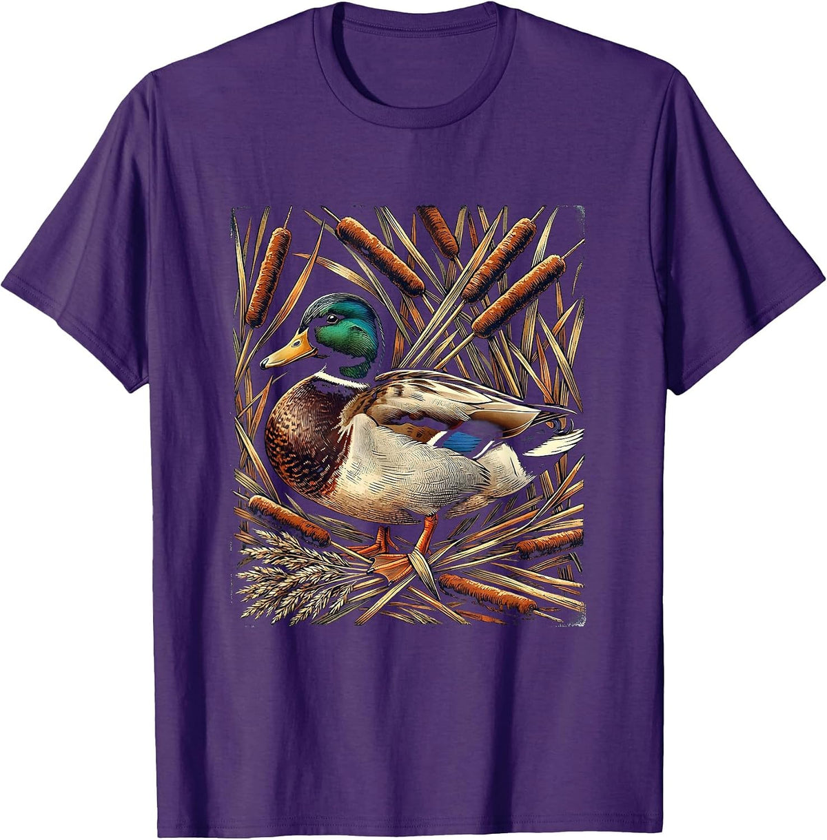 Duck Tangled in Cattails and Reeds Illustration T-Shirt - Purple