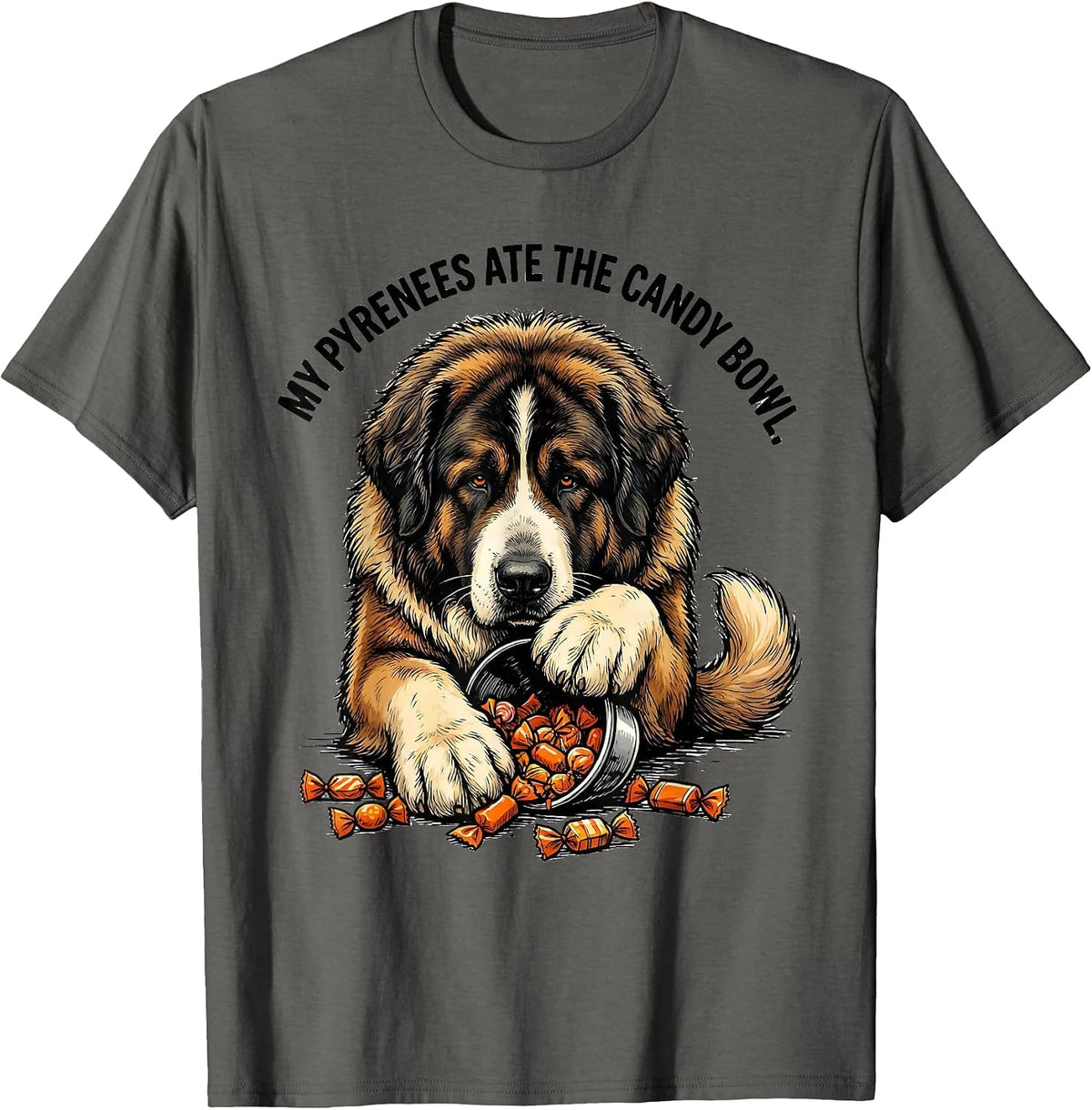 Men's My Pyrenees Ate The Candy Bowl Funny Halloween Dog Lover T-Shirt - Asphalt Grey