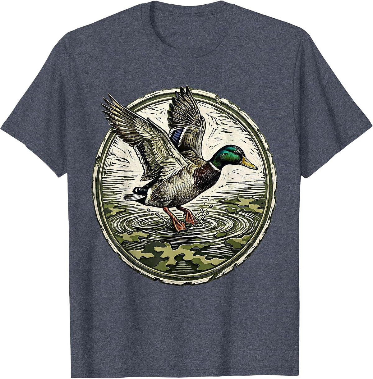 Duck Landing on Camo Marsh Water Illustration T-Shirt - Heather Blue