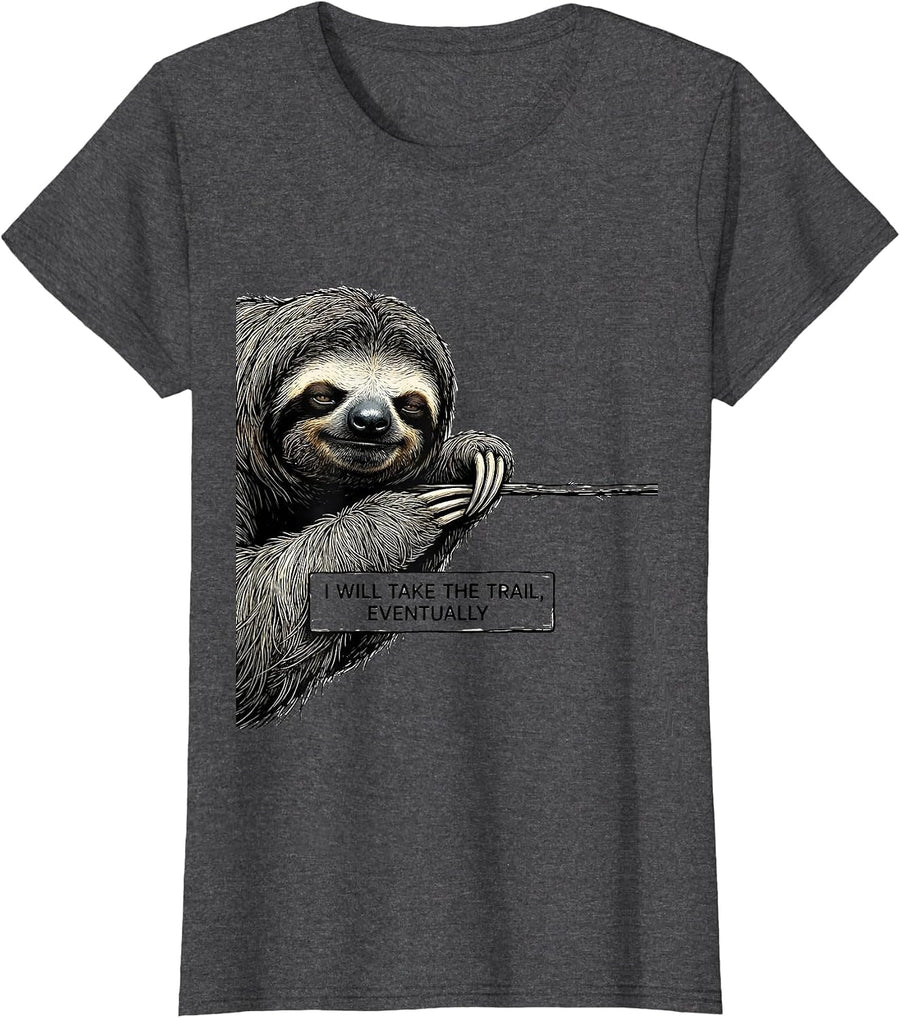 Women's I Will Take The Trail Eventually Funny Sloth Lover Hiking T-Shirt - Dark Heather Grey