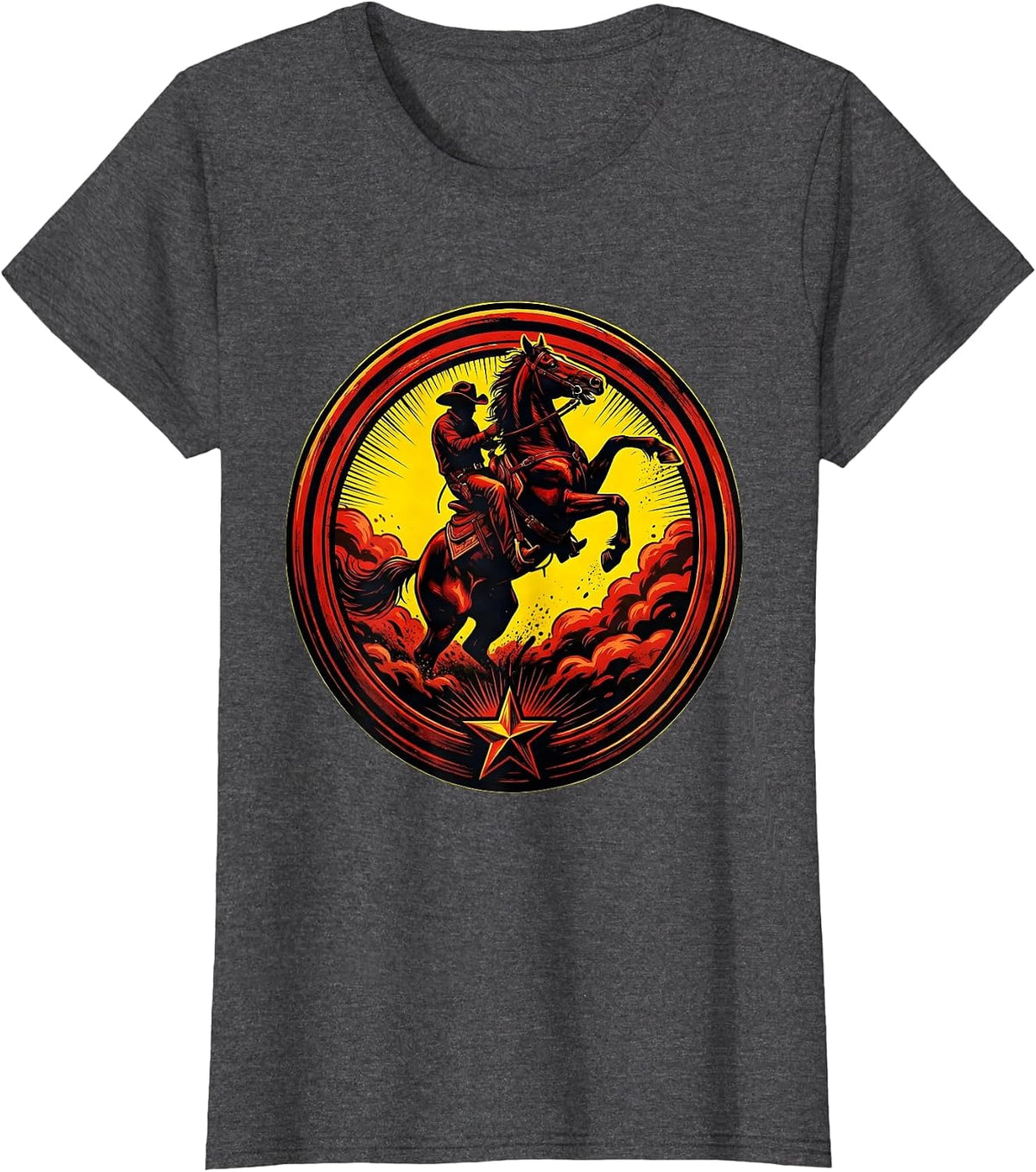 Women's Rearing Horse Dust Cloud Cowboy Graphic Tee T-Shirt - Dark Heather Grey