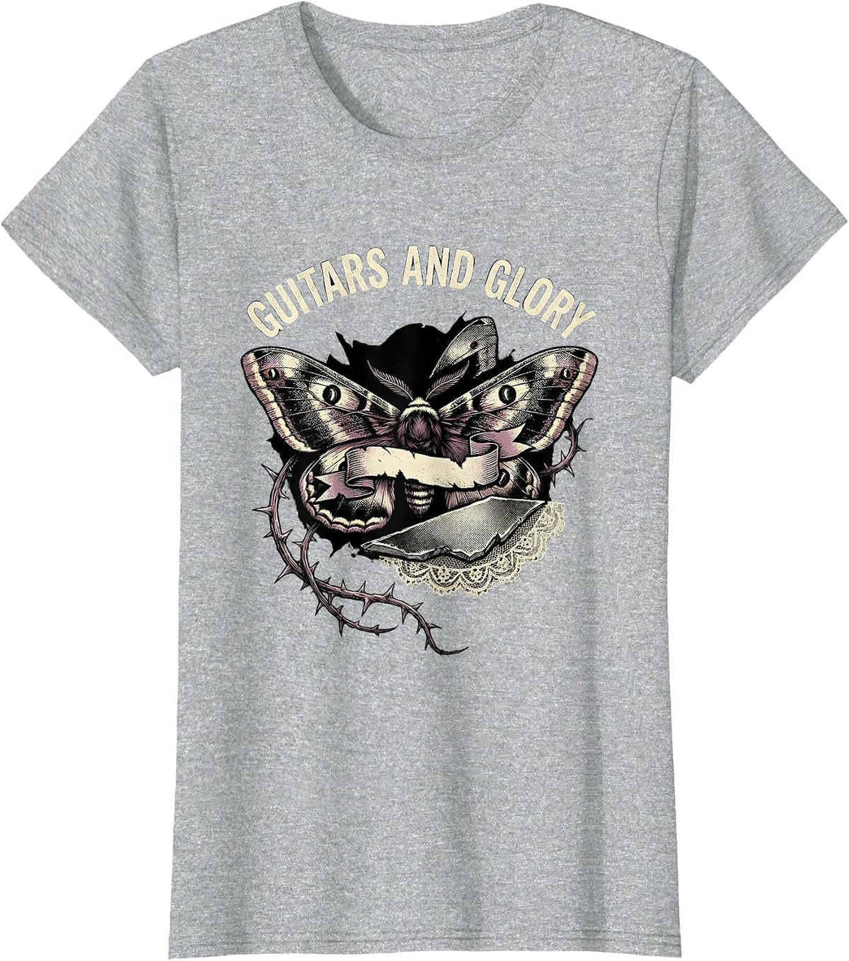 Women's Guitars and Glory 80s Rock Band Design T-Shirt - Heather Grey