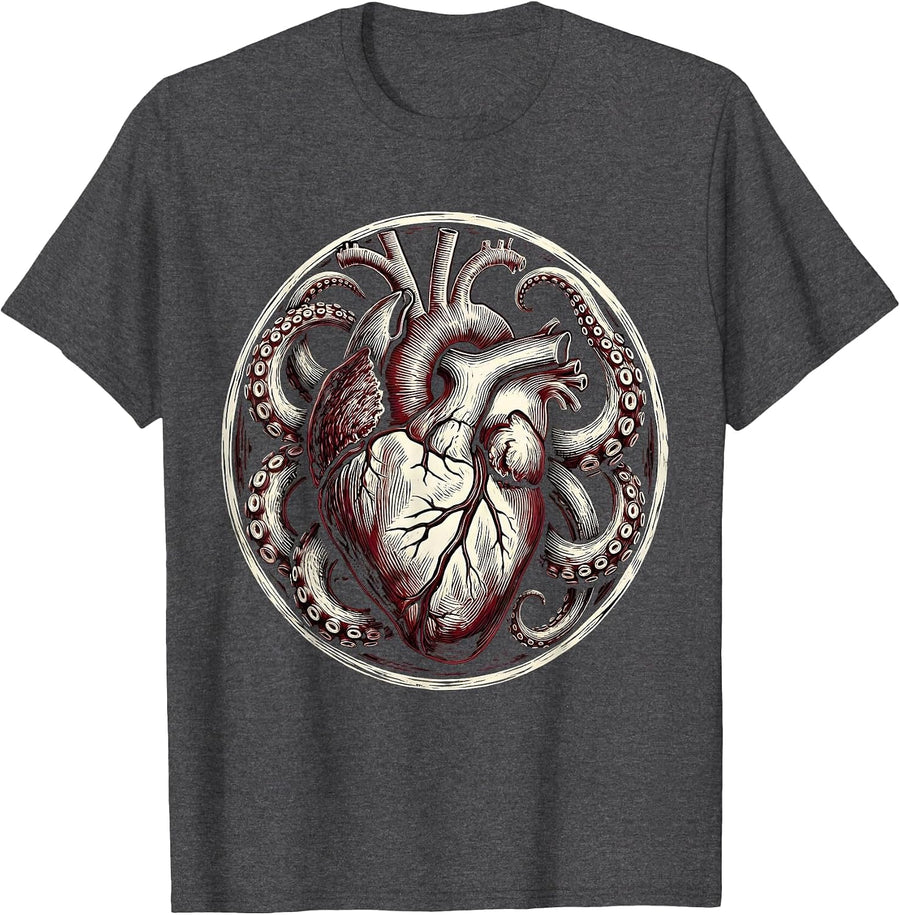 Men's Octopus Heart Squeeze Graphic Design T-Shirt - Dark Heather Grey