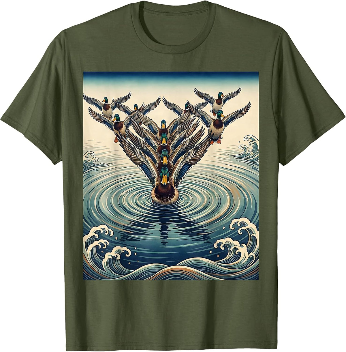 Men's Flock of Ducks V-Formation Overhead View T-Shirt - Olive Green