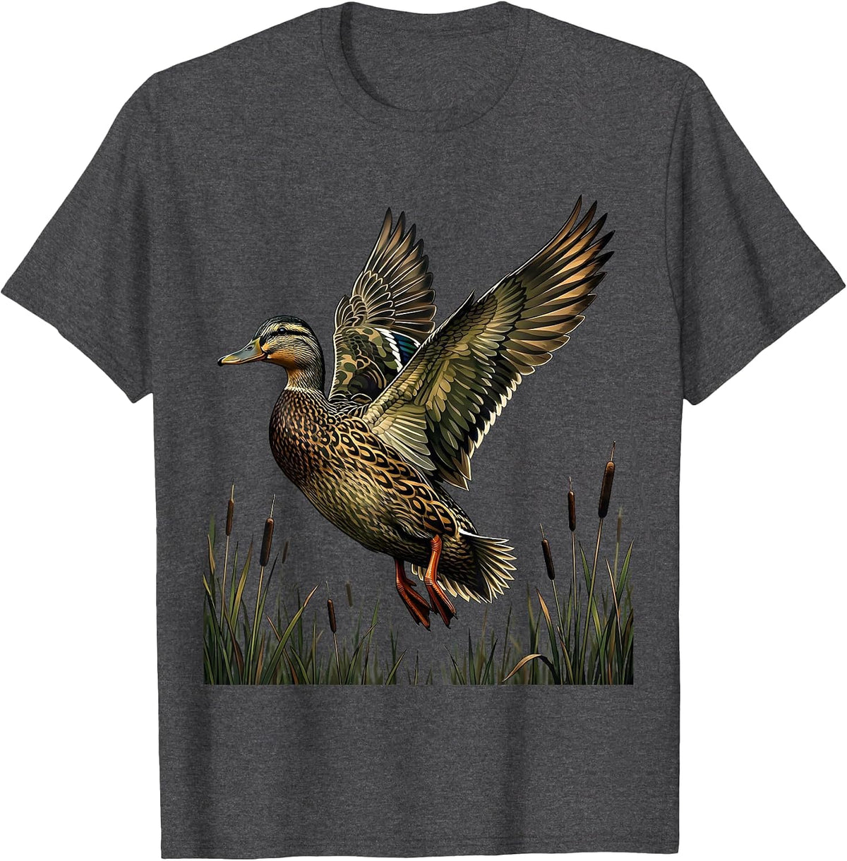 Camo Duck Flying Over Marsh Reeds Illustration T-Shirt - Dark Heather Grey