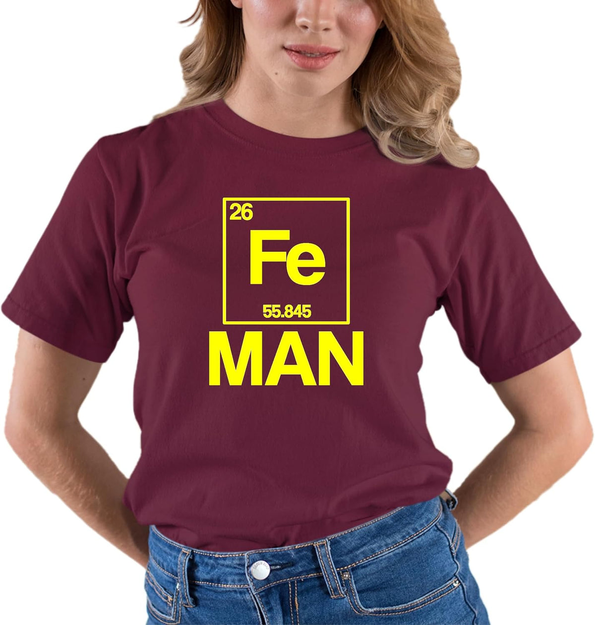 Go All Out Adult Iron Periodic Table Man Funny Chemistry Science T-Shirt - Maroon