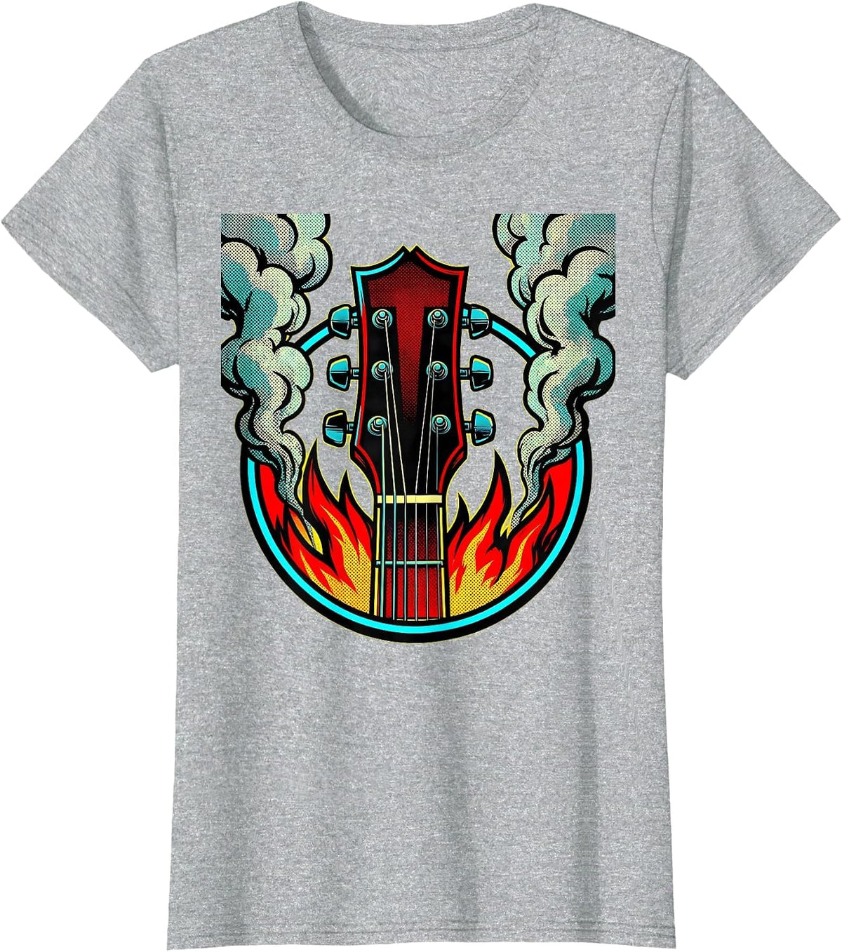 Guitar Headstock Flames Rock Music Graphic T-Shirt - Heather Grey