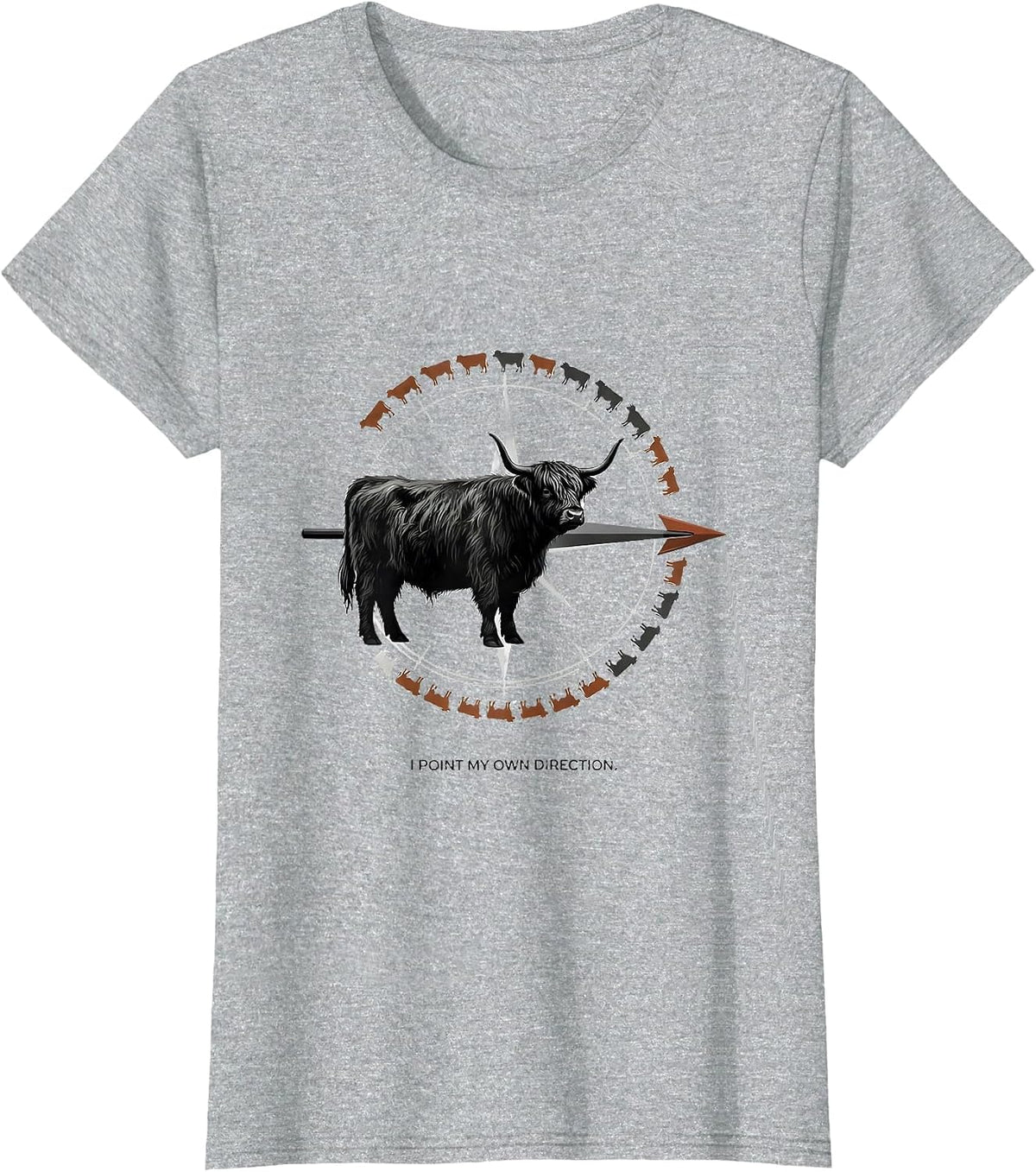 Women's I Point My Own Direction Funny Highland Cow Farm Humor T-Shirt - Heather Grey