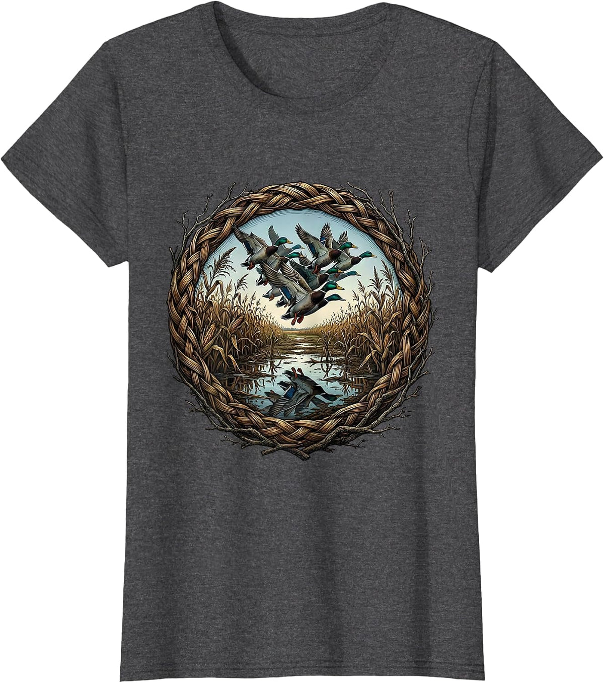 Women's Teal Duck Flooded Cornfield Bottomland Camo T-Shirt - Dark Heather Grey