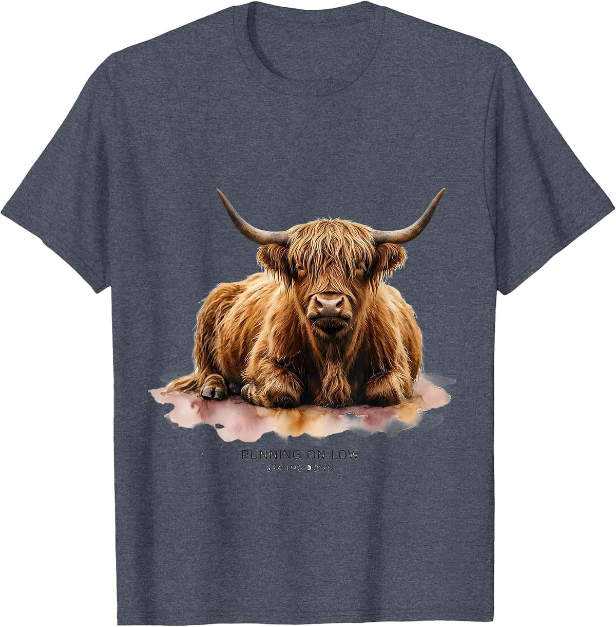 Running On Low, Staying Down Watercolor Highland Cow Cute T-Shirt - Heather Blue