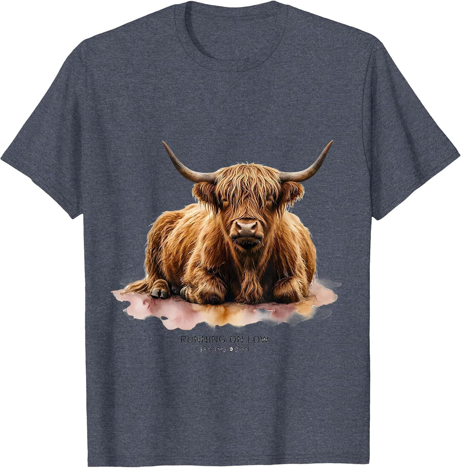 Running On Low, Staying Down Watercolor Highland Cow Cute T-Shirt - Heather Blue