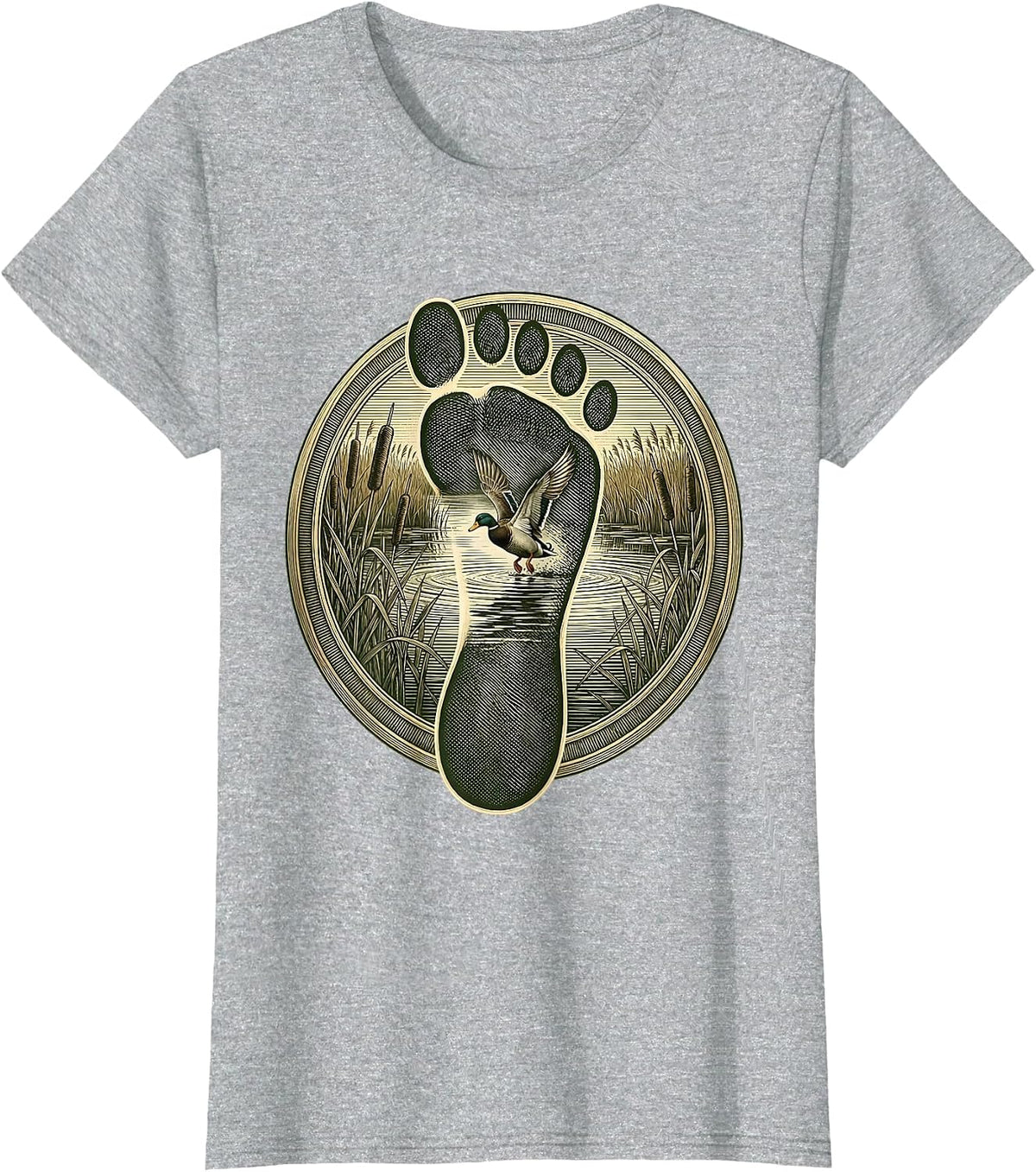 Women's Duck Camo Marsh Scene Duck Footprint Graphic T-Shirt - Heather Grey