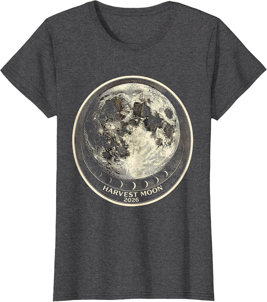 Women's Harvest Moon 2026 Vintage Astronomy Astrology Lunar Cycle T-Shirt - Dark Heather Grey