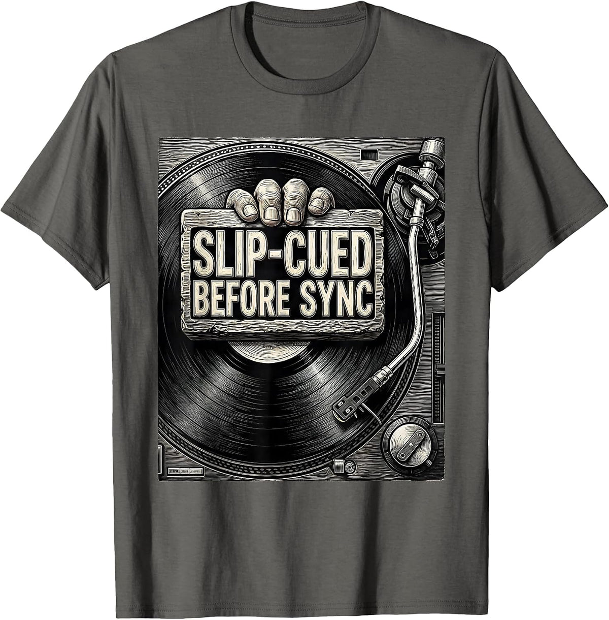 Men's Slip-Cued Before Sync Retro DJ Gift Vintage Electronic Music T-Shirt - Asphalt Grey