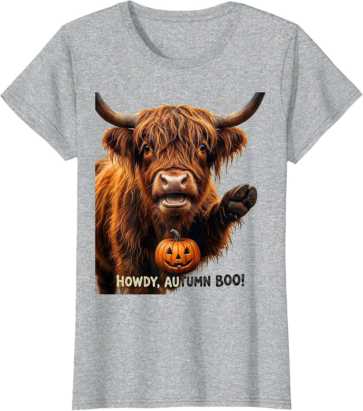 Howdy, Autumn Boo! Funny Highland Cow Fall Halloween Humor T-Shirt - Heather Grey