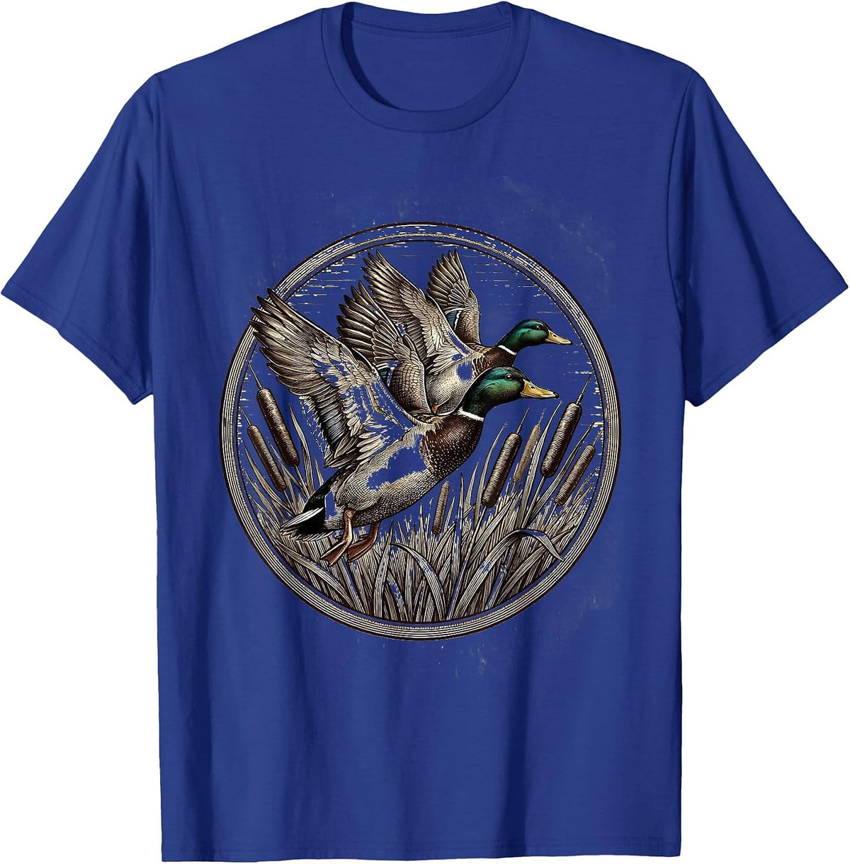 Men's Duck Flying V-Formation Over Cattails Illustration T-Shirt - Royal Blue