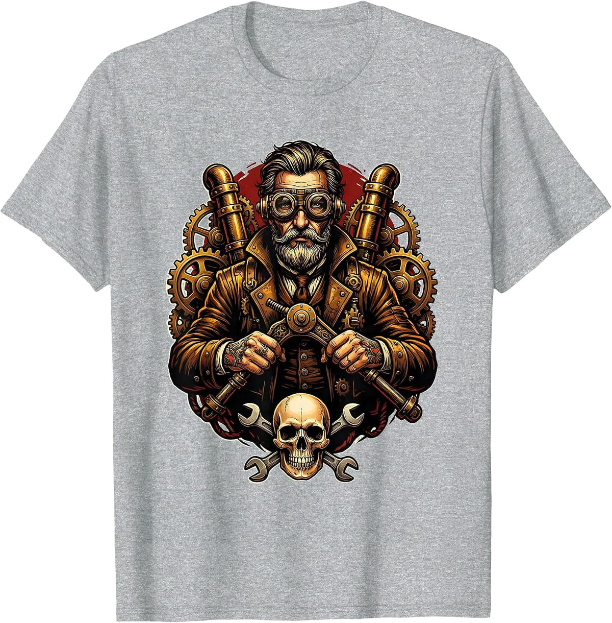Men's Steampunk Scientist Lever Machine Illustration T-Shirt - Heather Grey