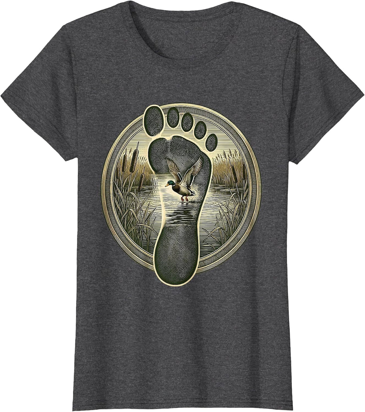 Women's Duck Camo Marsh Scene Duck Footprint Graphic T-Shirt - Dark Heather Grey