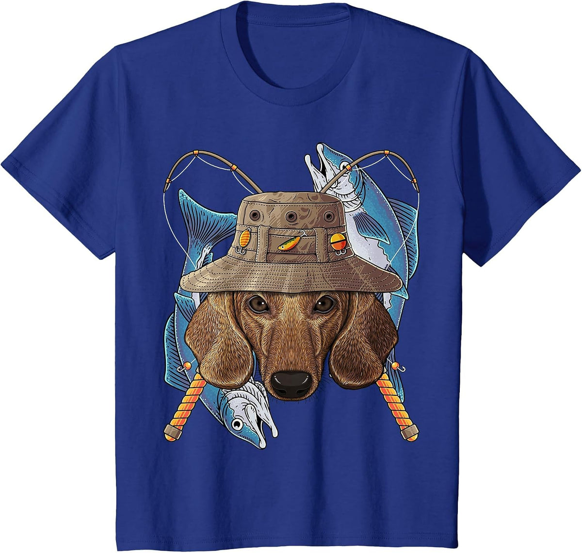 Outdoor Fisherman Dog Dachshund Cute Fly Fishing Dog T-Shirt - Royal Blue