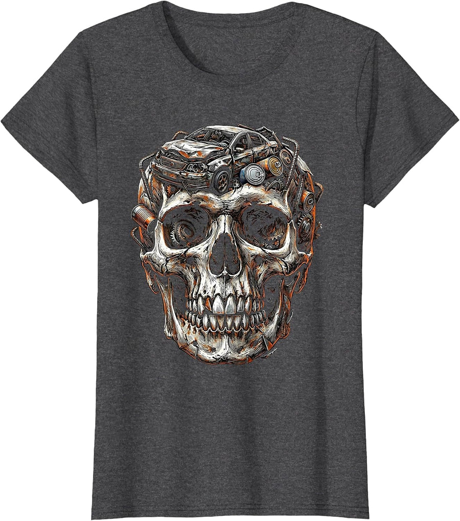 Women's Trash Skull Compacted Scrap Metal Junk Art T-Shirt - Dark Heather Grey