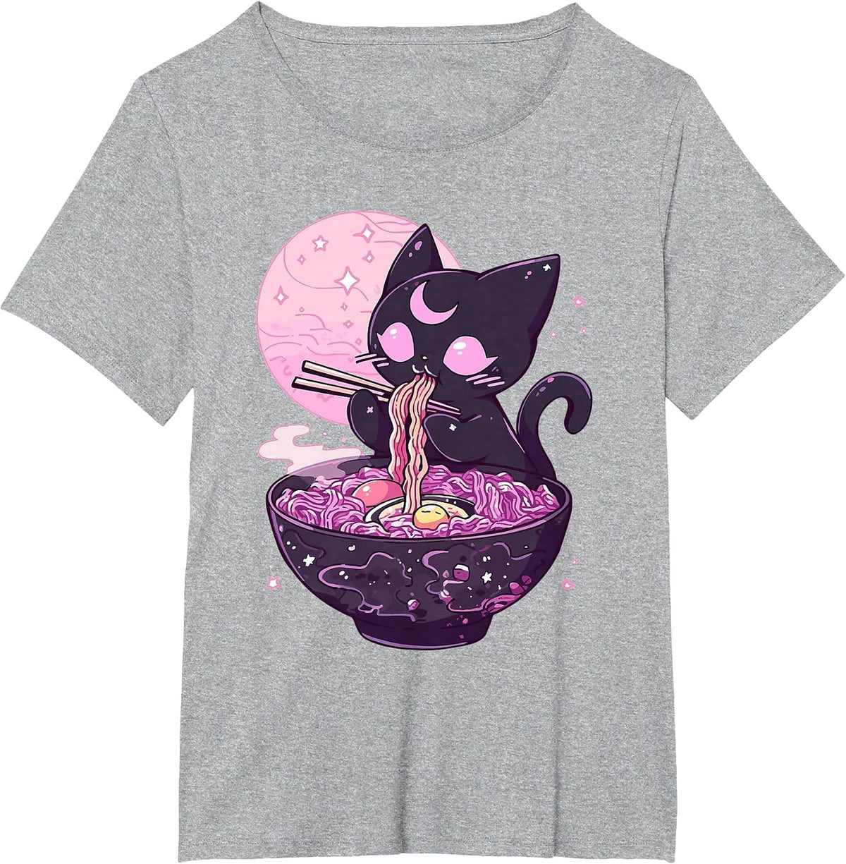 Pastel Goth Aesthetic Kawaii Creepy Cat Eating Ramen Noodles T-Shirt - Heather Grey