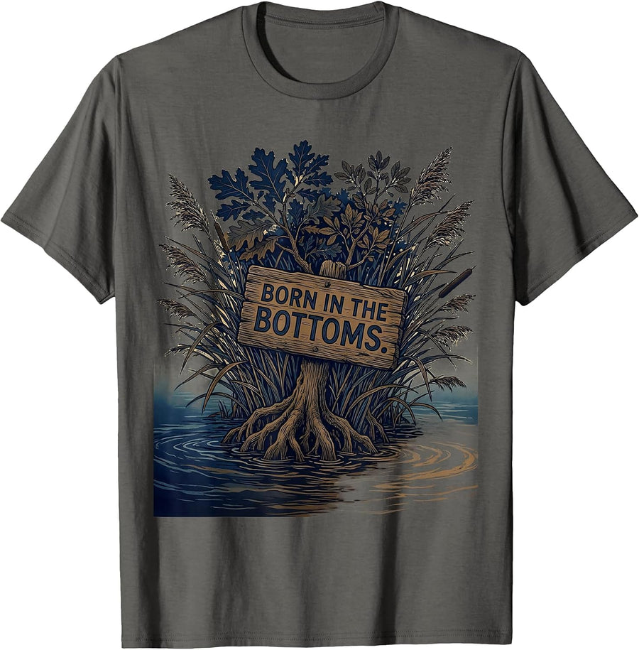 Born in the Bottoms Bottomland Camo Design T-Shirt - Asphalt Grey