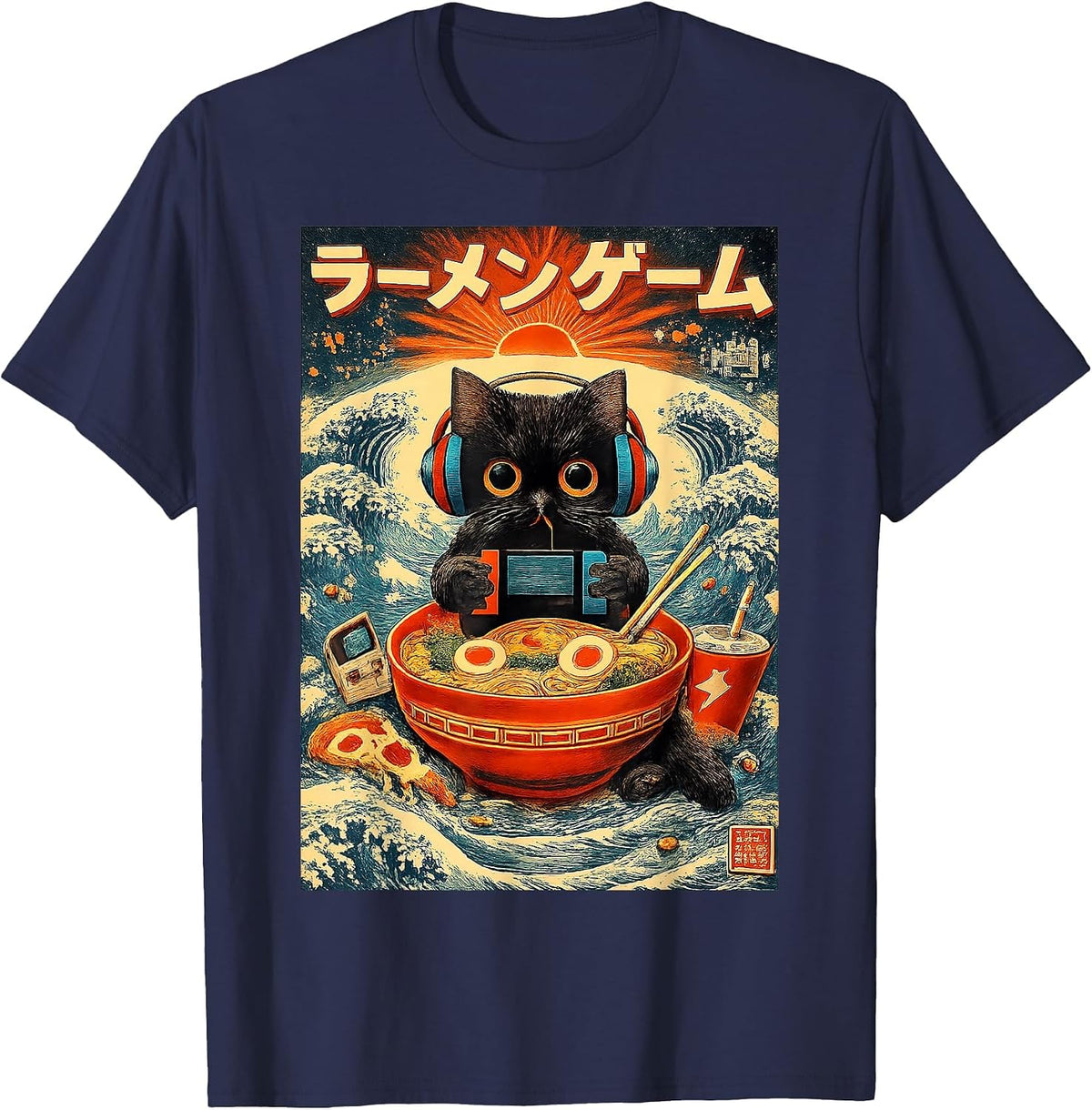 Ramen Gamer Cat Vintage Japanese Art Funny for Men Women Kid T-Shirt - Navy Blue