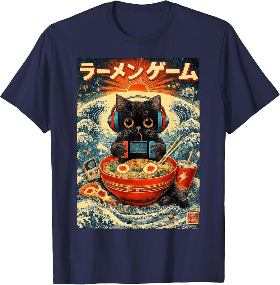 Ramen Gamer Cat Vintage Japanese Art Funny for Men Women Kid T-Shirt - Navy Blue