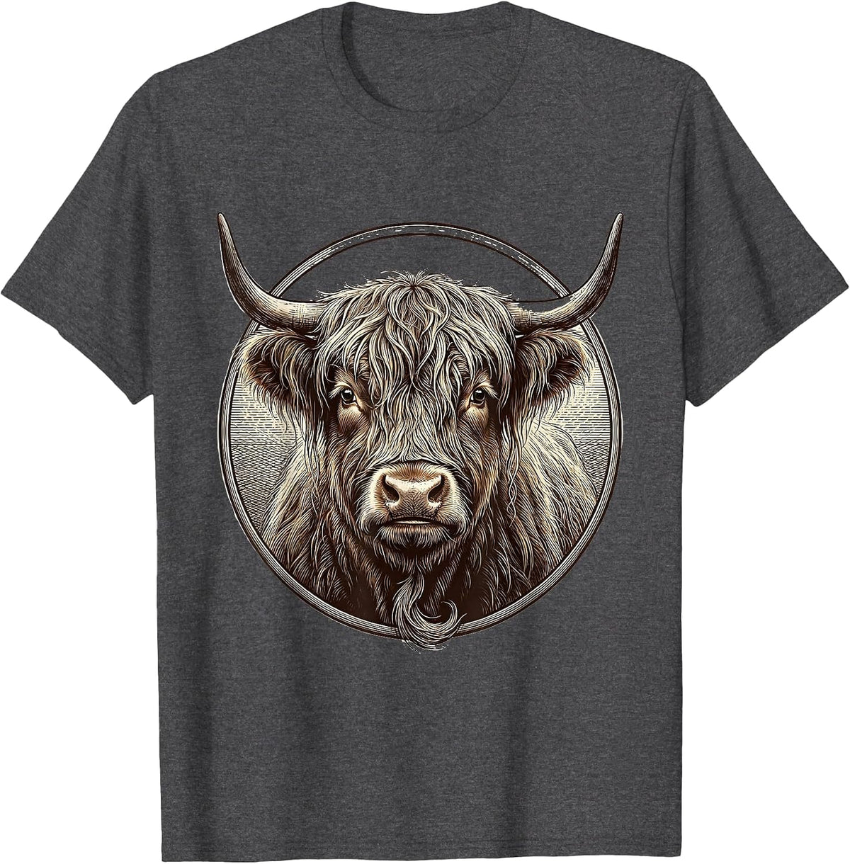 Men's Highland Cow Bust Novelty Humor Animal Lover Mascot T-Shirt - Dark Heather Grey