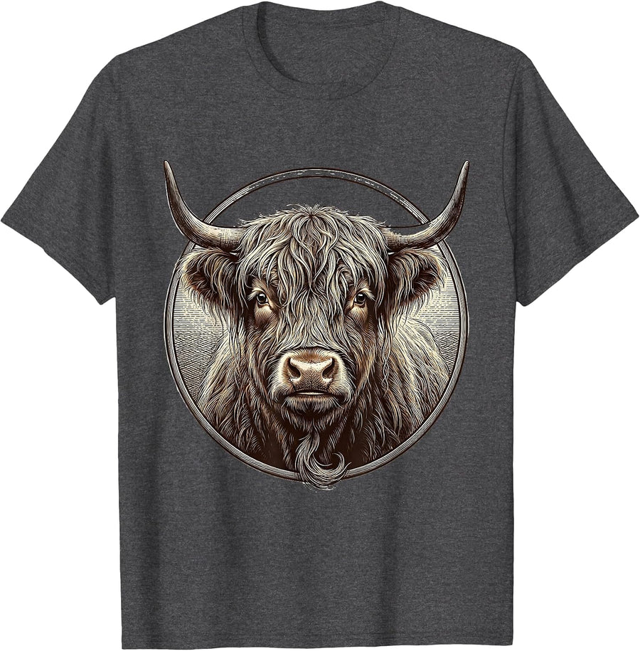 Men's Highland Cow Bust Novelty Humor Animal Lover Mascot T-Shirt - Dark Heather Grey