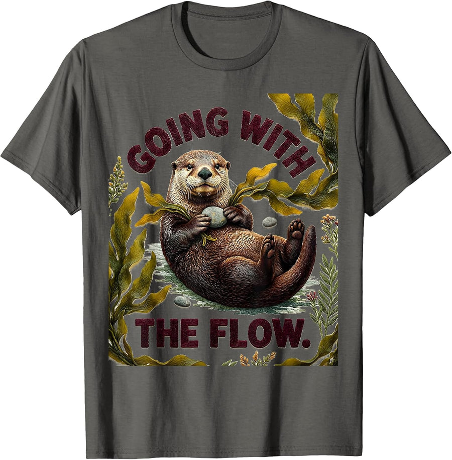 Going With The Flow Sea Otter Lover Humor Tapestry T-Shirt - Asphalt Grey