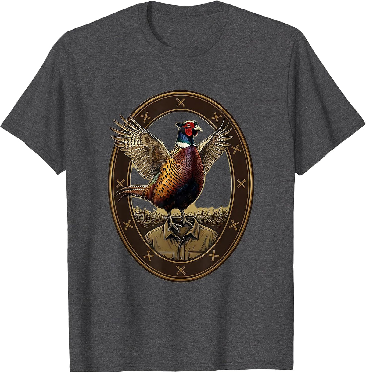 Men's Pheasant Hunter Emblem Upland Bird Hunting Vest T-Shirt - Dark Heather Grey
