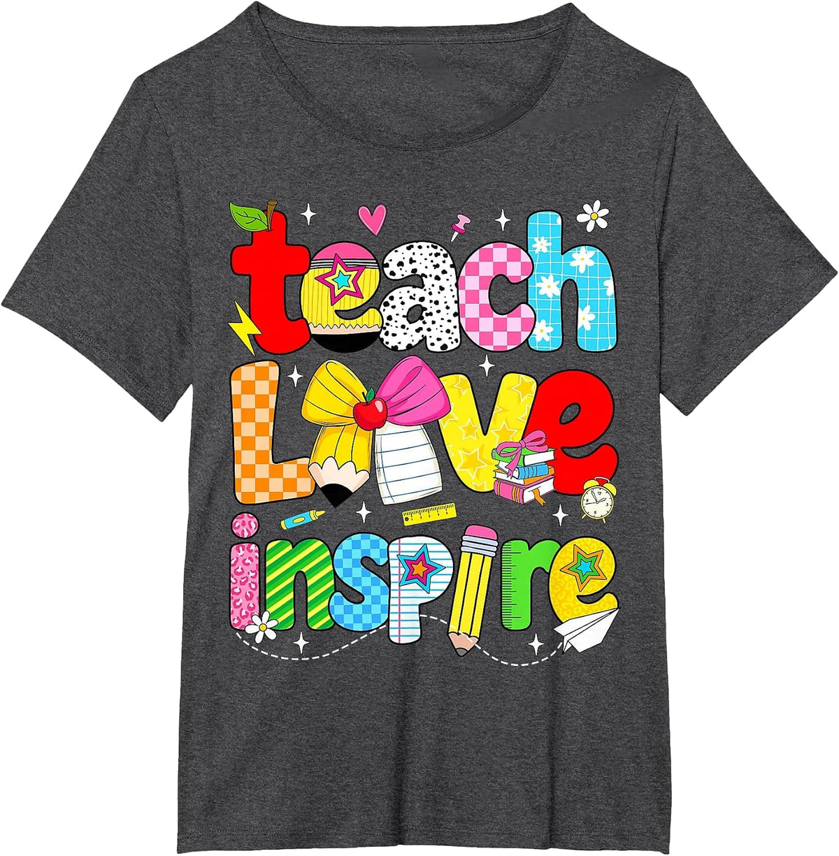 Teach Love Inspire Trendy Teacher Back to School First Day T-Shirt - Dark Heather Grey