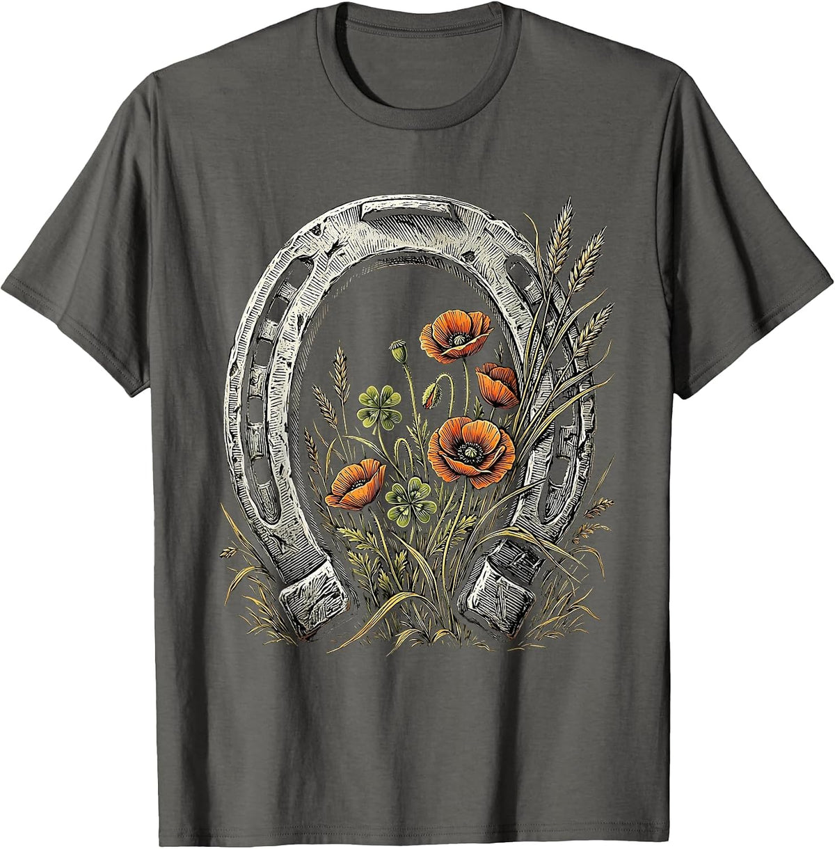 Men's Horseshoe Wildflowers Cowboy Western Floral Design T-Shirt - Asphalt Grey