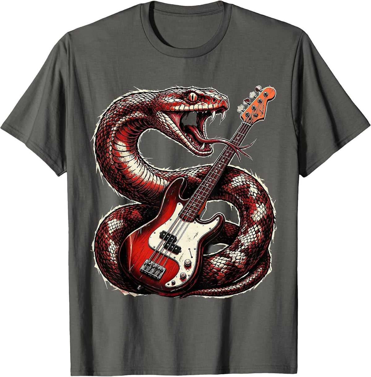 Men's Serpent Coiled Bass Guitar Rock Music Graphic T-Shirt - Asphalt Grey